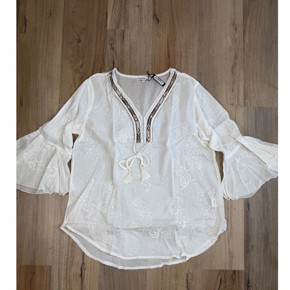 Crosstree Lane White Cotton Gauze Embroidered Bell Sleeve Tunic Top XL NWT